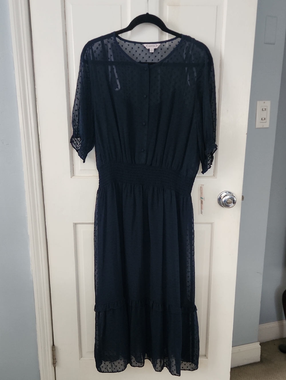 Nanette Lepore Navy Swiss Dot Midi Dress